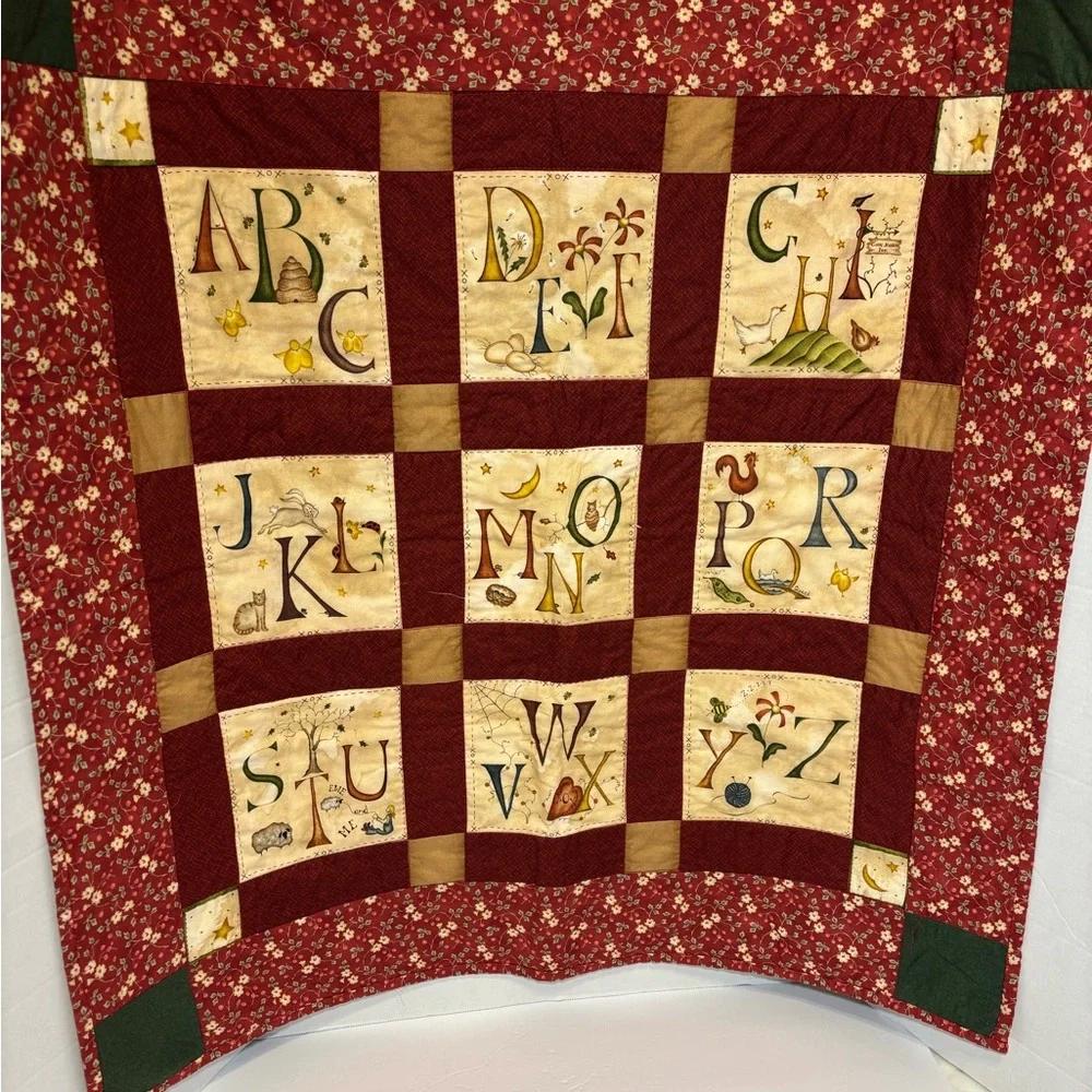 Alphabet Patchwork Quilt Handmade Stitched Floral Back Moody Cozy 34” X 33.5”